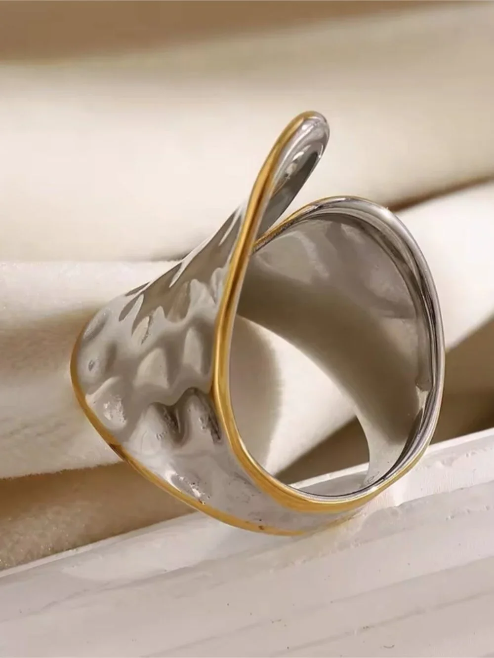 Two-Tone Sculpted Statement Ring — Silver & Gold tones